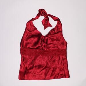 Karina Nites Red Halter Neck Going Out Top With Lace And Sequins